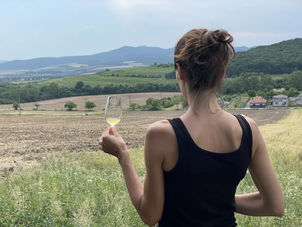 Žena s pohárom vína pri pohľade na tokajské vinice